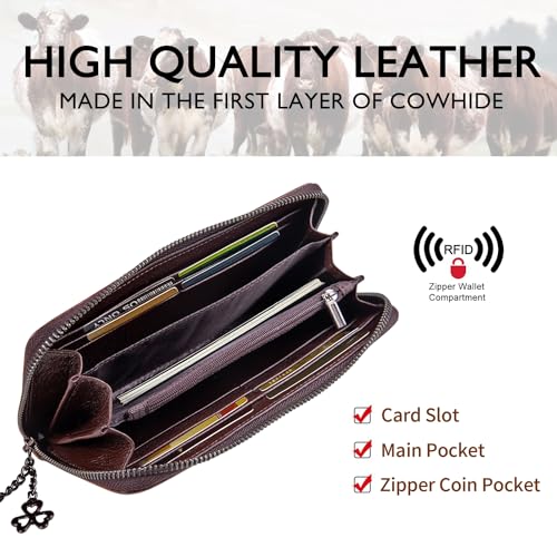 SHARPAD Wallet Genuine Leather for Women - with RFID Blocking Card checkbook ID Slot Large Capacity Vintage style (big rose coffee) - Image 3
