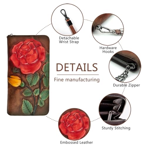 SHARPAD Wallet Genuine Leather for Women - with RFID Blocking Card checkbook ID Slot Large Capacity Vintage style (big rose coffee) - Image 4