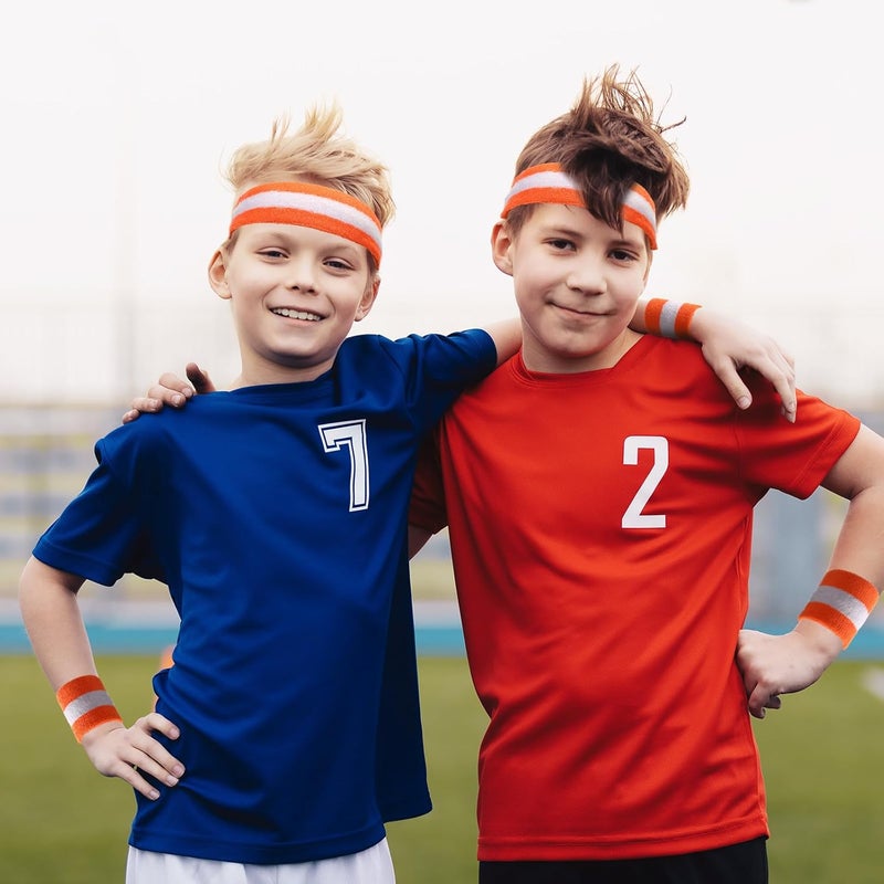 Bememo 6 Pcs Neon Sweatbands Set for Men Women 80s Tennis Striped Headband Sports Wristband Set Costumes Glow Cosplay Party - Image 3