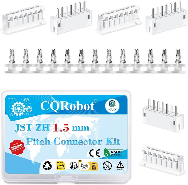 CQRobot JST ZH 1.5 mm Pitch 7-Pin Electronic Computer Connector IC Male Plugs, Female Sockets Housing and T-Shaped Crimp Terminal Kit. 100 Sets/900 Pieces Wire-to-Board Adapter Cable Assembly. - Image 1