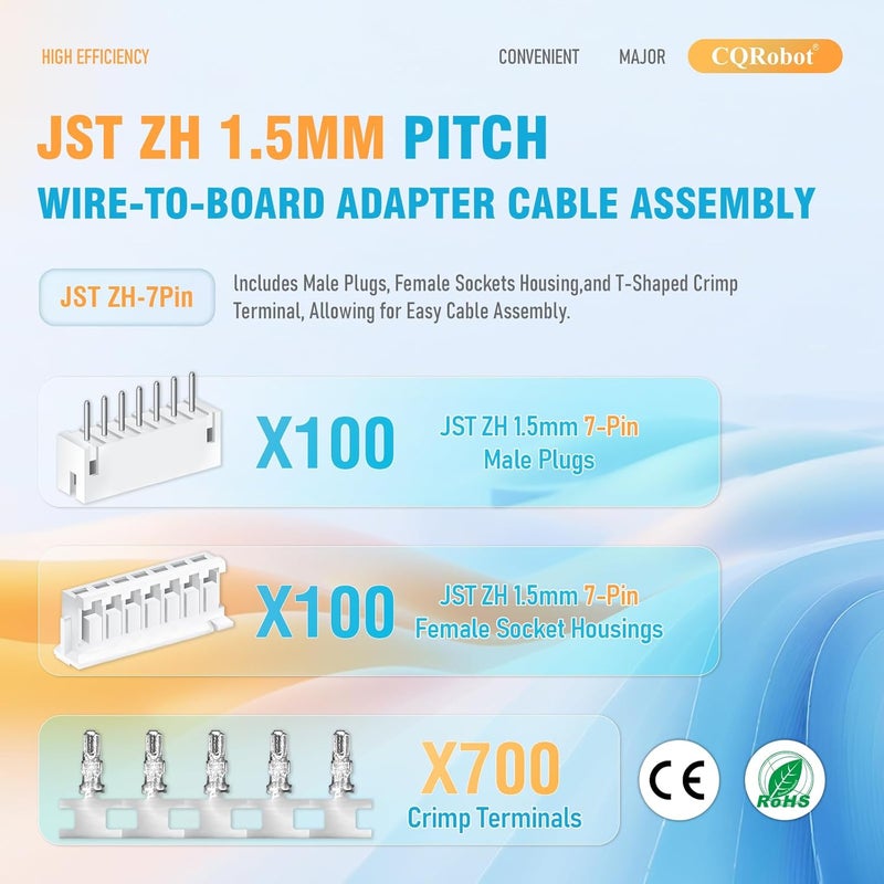 CQRobot JST ZH 1.5 mm Pitch 7-Pin Electronic Computer Connector IC Male Plugs, Female Sockets Housing and T-Shaped Crimp Terminal Kit. 100 Sets/900 Pieces Wire-to-Board Adapter Cable Assembly. - Image 2