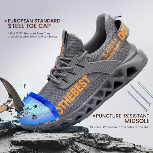 Furuian Steel Toe Shoes for Men Lightweight Indestructible Work Sneakers for Women Puncture Proof Comfortable Slip On Safety Shoes for Industrial,Coustruction Grey - Image 2