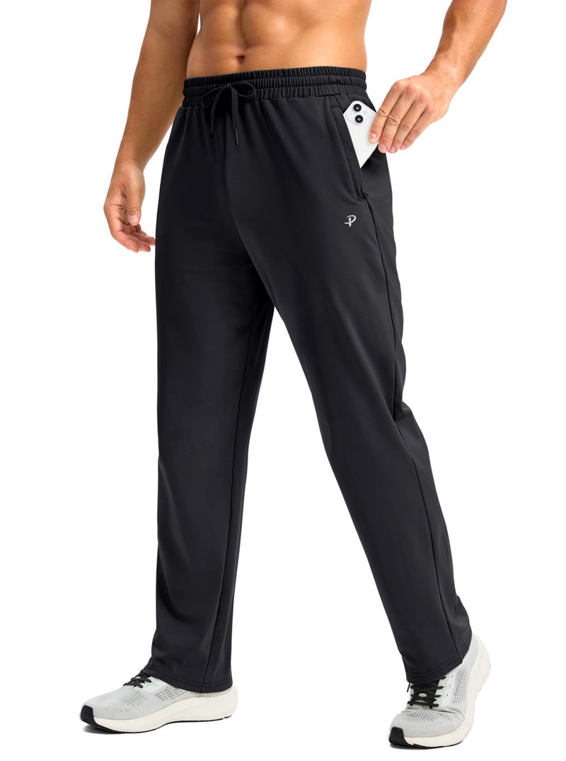 Pudolla Men's Fleece Lined Sweatpants with Zipper Pockets Winter Warm Water Resistant Athletic Pants for Workout Running(Black Medium)