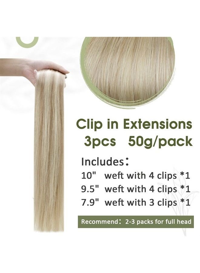RUNATURE - Blonde Clip in Hair Extensions Real Human Hair Ash Blonde Highlights Platinum Blond Double Weft Clip in Extension Remy Human Hair 18 Inch 50g - Image 1