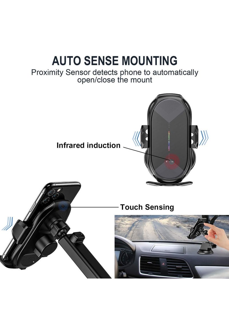 Captaintech Wireless Car Charger,15W Qi Fast Charging Auto-Clamping Car Phone Holder, Air Vent Windshield Dashboard Car Phone Mount, Long Arm Suction Cup Phone Holder for iPhone or Android Phone - Image 3