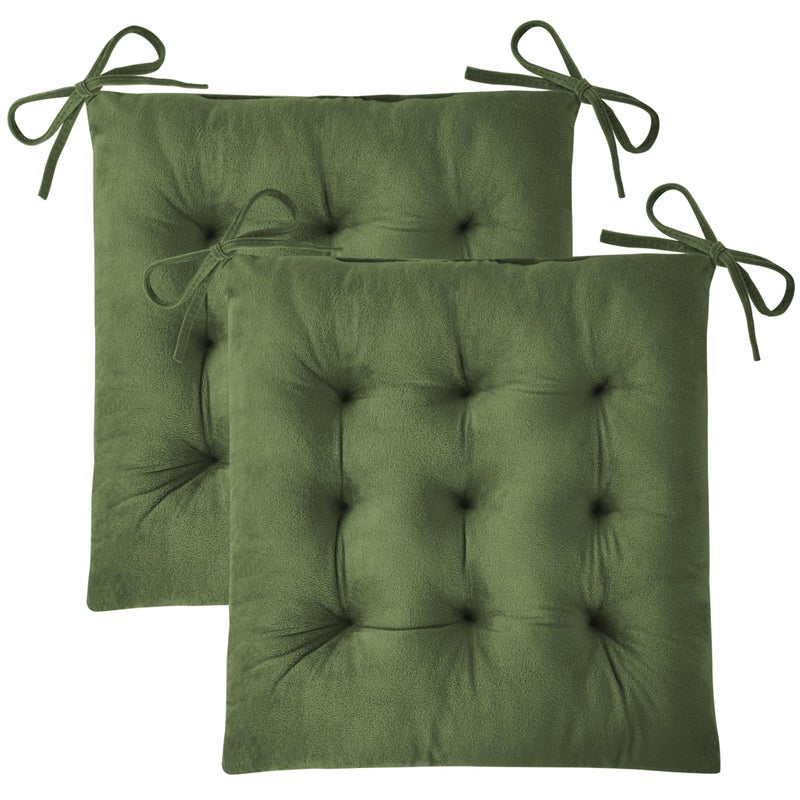 FlyGulls Kitchen Chair Cushions Set of 2 Tufted Square Seat Cushions with Ties Plush Chair Pad for Kitchen Dining Room Office(15.5"x15.5" Green) - Image 1