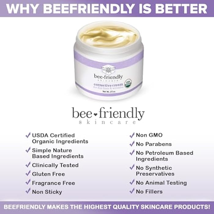 BeeFriendly Organic Corrective Cream, USDA Certified Face Moisturizer Rich Anti Aging Facial Night Cream For Sensitive Skin Aids With Fine Lines, Wrinkles, Crows Feet, Eyes, Face, Neck 2 oz - Image 5