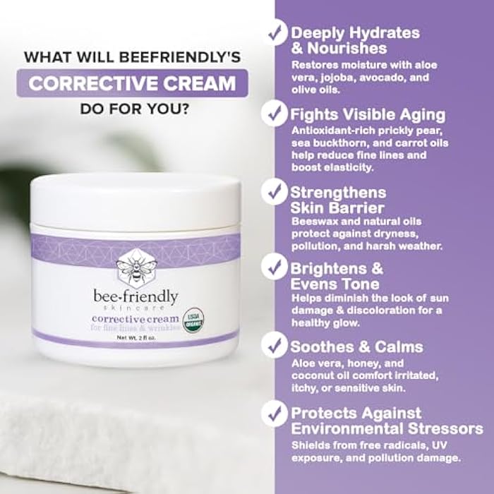 BeeFriendly Organic Corrective Cream, USDA Certified Face Moisturizer Rich Anti Aging Facial Night Cream For Sensitive Skin Aids With Fine Lines, Wrinkles, Crows Feet, Eyes, Face, Neck 2 oz - Image 4