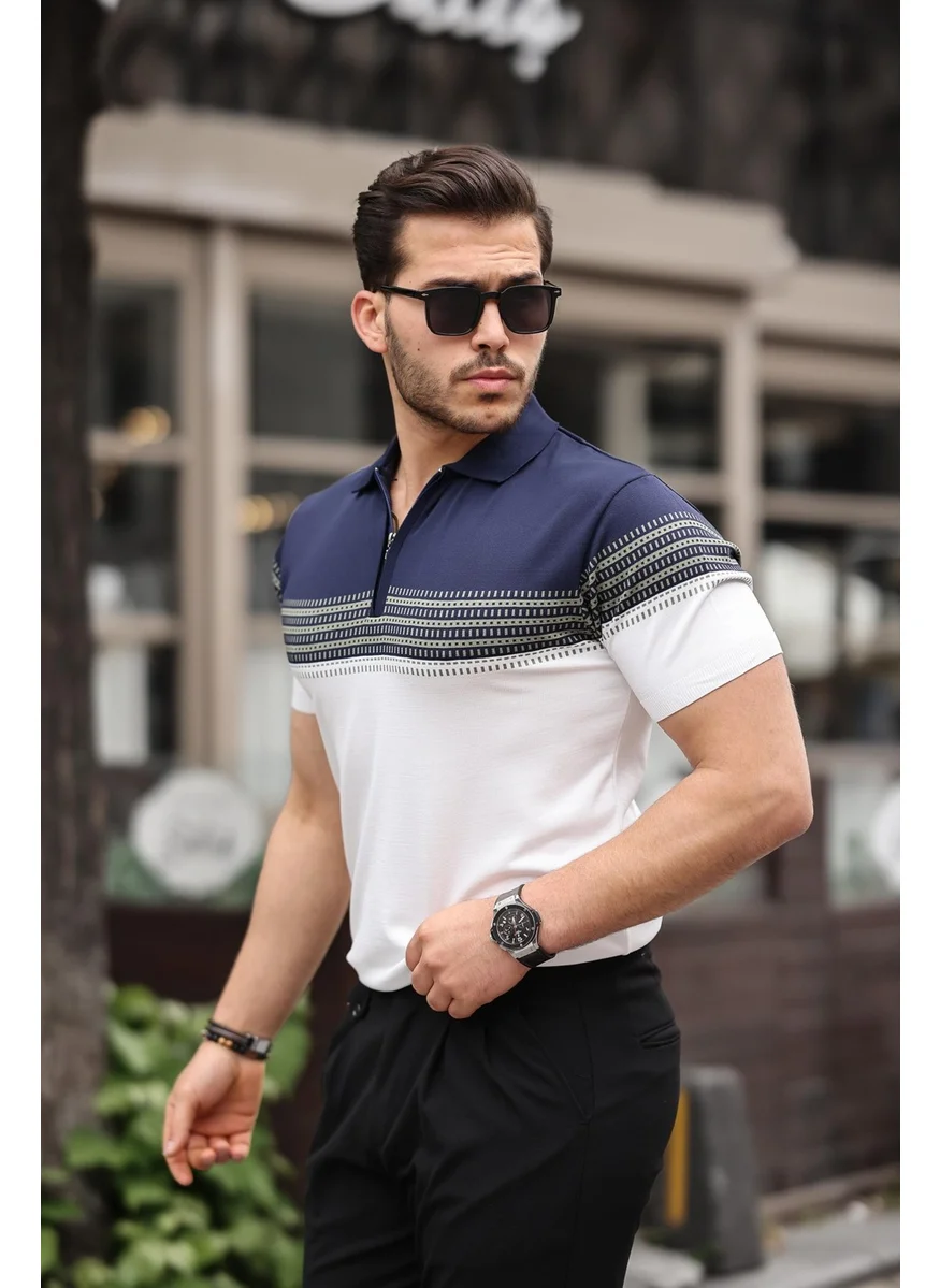 Miron Navy Blue White Zippered Knitwear Polo Neck T-Shirt
