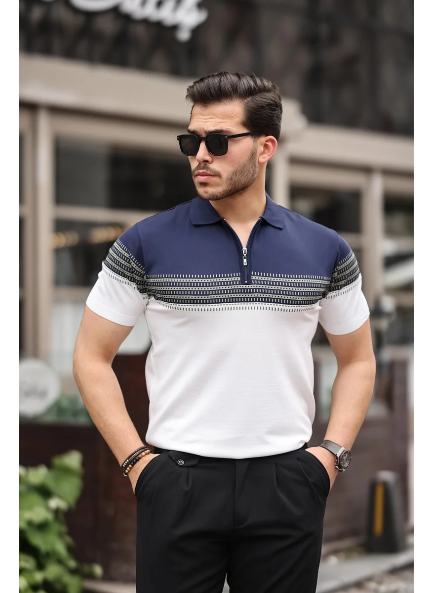 Miron Navy Blue White Zippered Knitwear Polo Neck T-Shirt