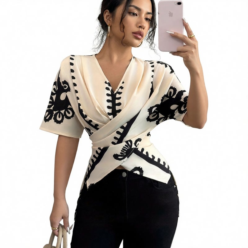 Women's Fashion Printed Short Sleeve Blouse Top