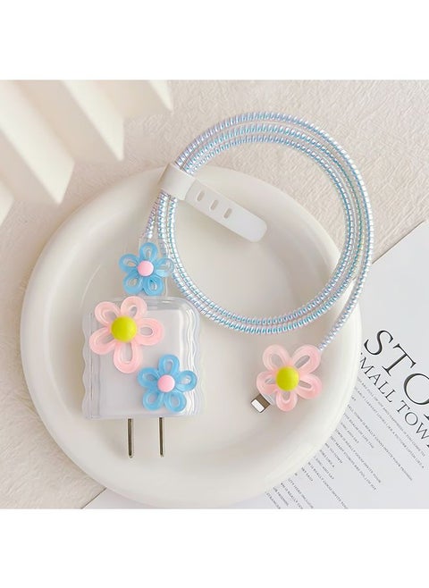 For Apple 18W/20W Flower Shape Charger Protective Case Data Cable Biter(Pink And Blue)