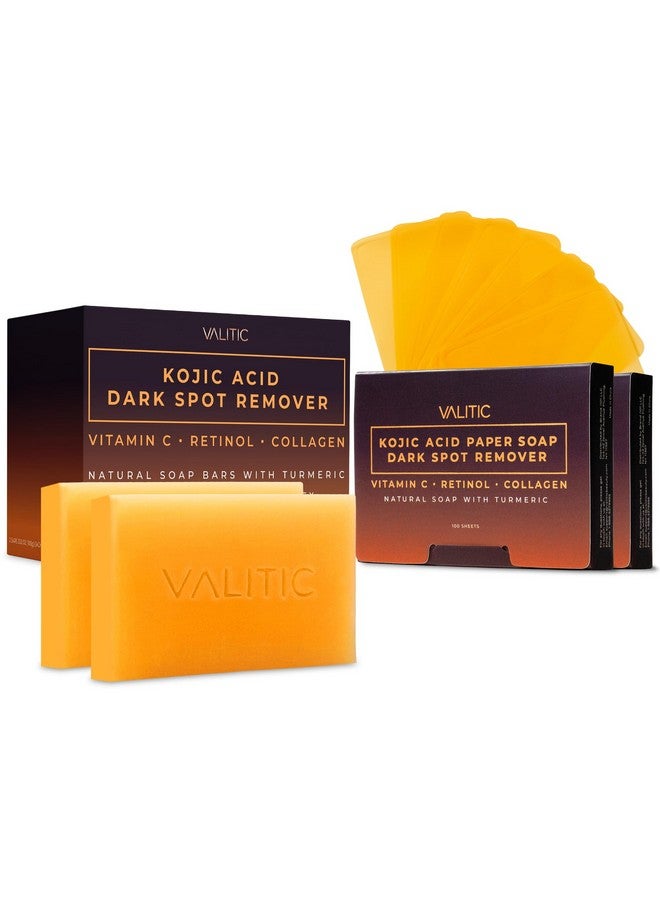 VALITIC Kojic Acid and Turmeric Dark Spot Corrector Soap - Skin Care Cleansing Duo - 2 Soap Bars and 200 Melting Paper Sheets - Infused with Vitamin C, Retinol and Collagen - Image 1