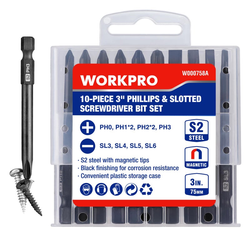 WORKPRO 10pcs Slotted Phillips Screwdriver Bit Set, S2 Steel Magnetic Screwdriver Bits Set, CNC Machined Tips, 1/4 Inch Hex Shank Driver Bits, 3 Inch Long Screwdriver Bits Set with Storage Box - Image 1