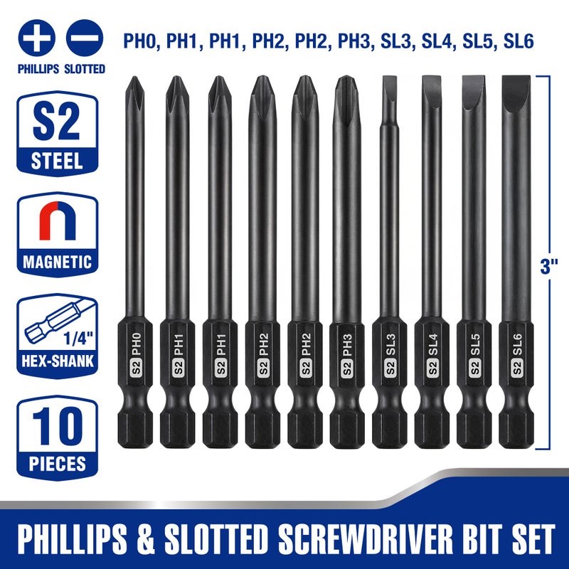 WORKPRO 10pcs Slotted Phillips Screwdriver Bit Set, S2 Steel Magnetic Screwdriver Bits Set, CNC Machined Tips, 1/4 Inch Hex Shank Driver Bits, 3 Inch Long Screwdriver Bits Set with Storage Box - Image 2