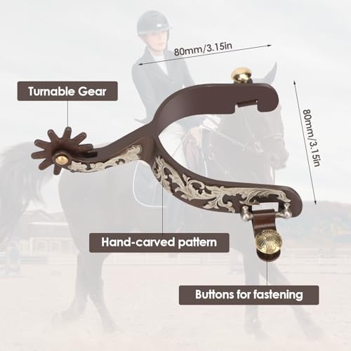 ASHATA 2Pcs Western Spurs Vintage Carved Spurs Retro Bronze Low Carbon Steel Horse Spurs with Turnable Gear for Horse - Image 3