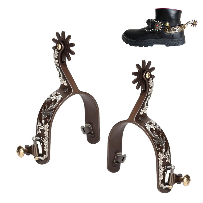 ASHATA 2Pcs Western Spurs Vintage Carved Spurs Retro Bronze Low Carbon Steel Horse Spurs with Turnable Gear for Horse - Image 2