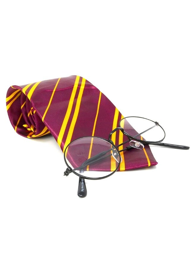 Skeleteen Wizard Glasses and Tie - Maroon And Gold Dress Up Tie and Black Round Glasses Set - 1 Pair - Image 4