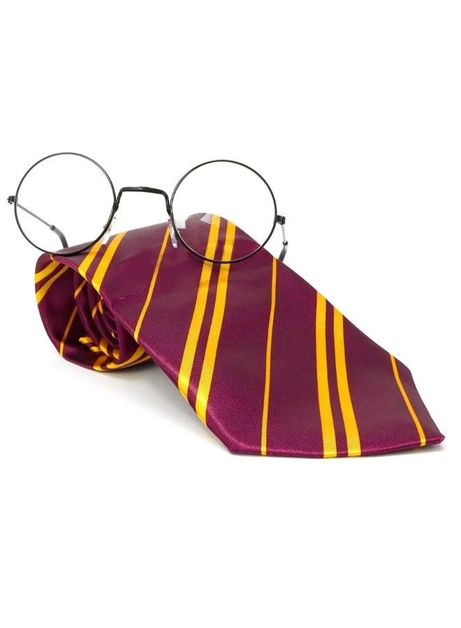 Skeleteen Wizard Glasses and Tie - Maroon And Gold Dress Up Tie and Black Round Glasses Set - 1 Pair - Image 2