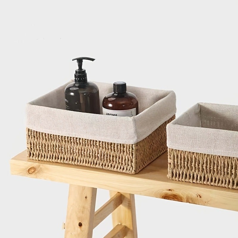 3pcs Boho Style Paper Woven Storage Baskets | Fabric Lined, Ideal for Bathroom Toiletries and Desktop Organization, Shelf Baskets - Image 4