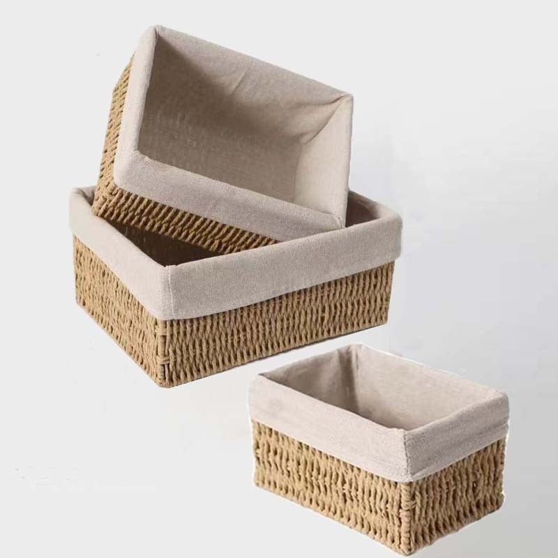 3pcs Boho Style Paper Woven Storage Baskets | Fabric Lined, Ideal for Bathroom Toiletries and Desktop Organization, Shelf Baskets - Image 1