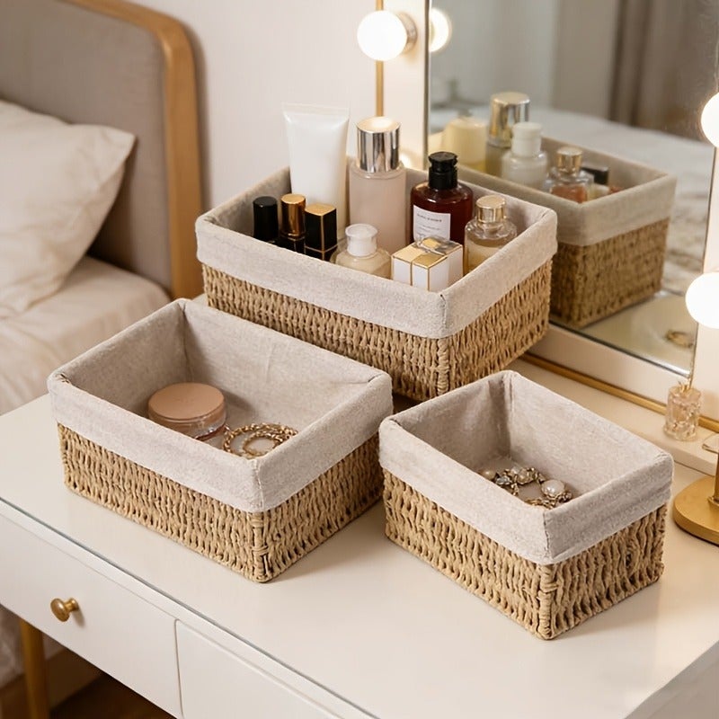 3pcs Boho Style Paper Woven Storage Baskets | Fabric Lined, Ideal for Bathroom Toiletries and Desktop Organization, Shelf Baskets - Image 2