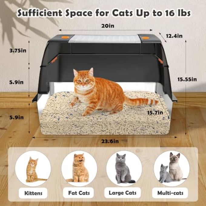 rayihni Stainless Steel Litter Box, Xl Side Entry Extra Large Litter Box With Lid For Big Cats & Kitty, Removable Enclosed Metal Cat Pan With High Sided Enclosure, Scoop (Black) - Image 5