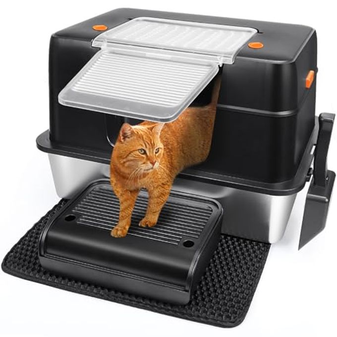 rayihni Stainless Steel Litter Box, Xl Side Entry Extra Large Litter Box With Lid For Big Cats & Kitty, Removable Enclosed Metal Cat Pan With High Sided Enclosure, Scoop (Black) - Image 4