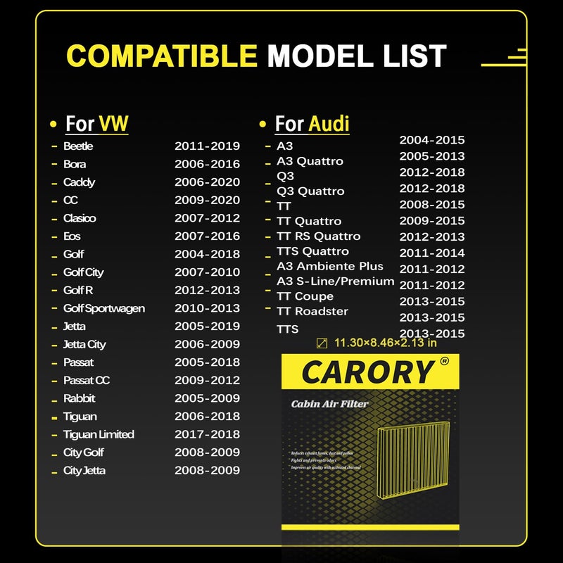 CARORY Cabin Air Filter w/Activated Carbon for VW Golf 2004-2018, Jetta 2005-2019, Tiguan 2006-2018, Passat 2005-2018, CC 2009-2020, Audi A3 2004-2015, Q3 2012-2018 and More - Image 2