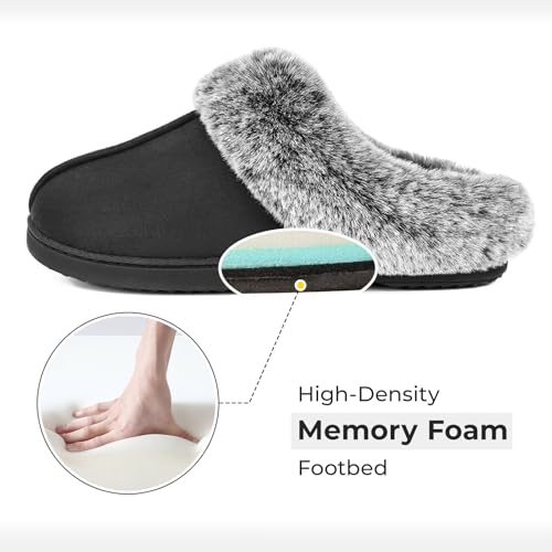 HomeTop Women's Classic Microsuede Memory Foam Slippers Durable Rubber Sole with Warm Faux Fur Collar (5-6 M, Black) - Image 4