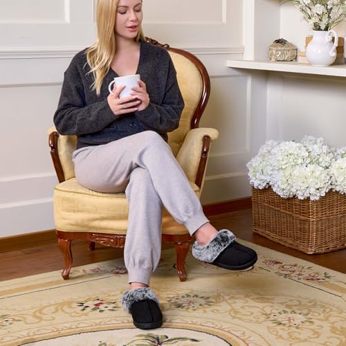 HomeTop Women's Classic Microsuede Memory Foam Slippers Durable Rubber Sole with Warm Faux Fur Collar (5-6 M, Black) - Image 2