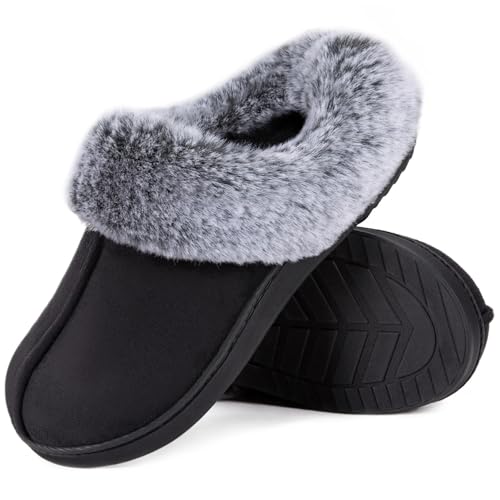 HomeTop Women's Classic Microsuede Memory Foam Slippers Durable Rubber Sole with Warm Faux Fur Collar (5-6 M, Black) - Image 1
