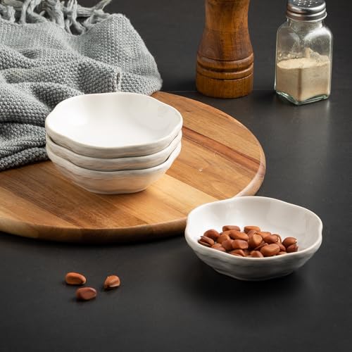 zerokyclan 4.4Oz Kiln-Changed Dipping Bowls, 4.3 Inches Ceramic Flower-Shaped Soy Sauce Dishes, Small Appetizer/Side Plates Set of 4 (white) - Image 4