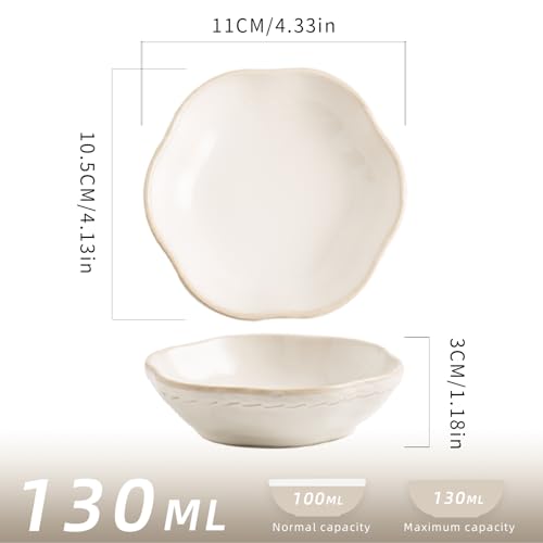 zerokyclan 4.4Oz Kiln-Changed Dipping Bowls, 4.3 Inches Ceramic Flower-Shaped Soy Sauce Dishes, Small Appetizer/Side Plates Set of 4 (white) - Image 2