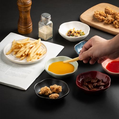 zerokyclan 4.4Oz Kiln-Changed Dipping Bowls, 4.3 Inches Ceramic Flower-Shaped Soy Sauce Dishes, Small Appetizer/Side Plates Set of 4 (white) - Image 5