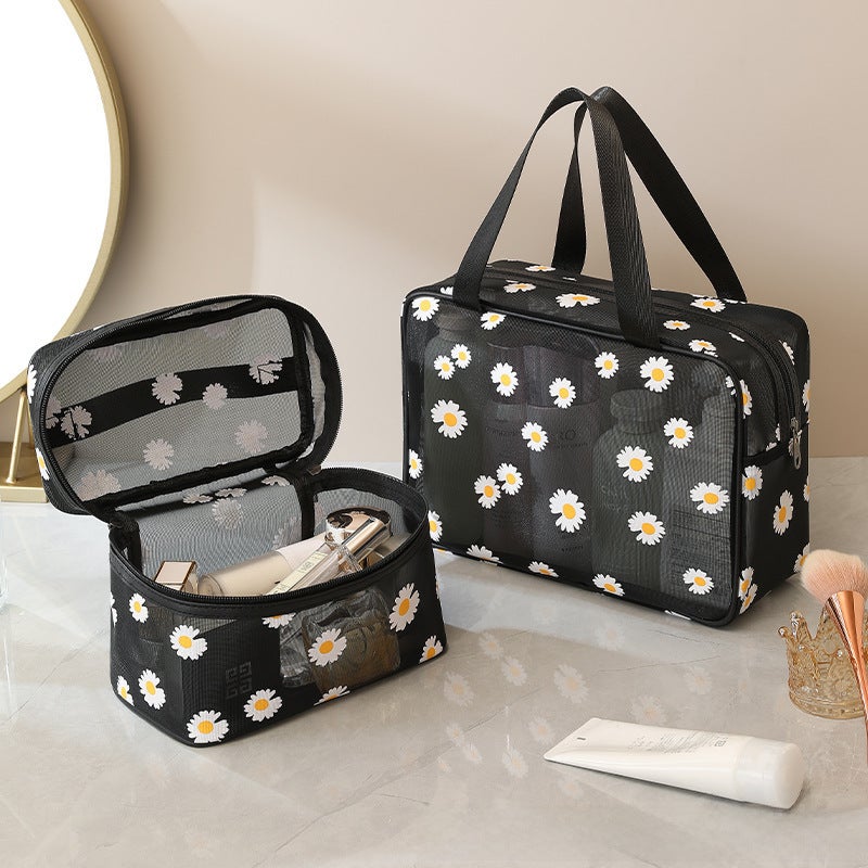 New Mesh Makeup Bag Daisy Beach Toiletry Bag Travel Women's Simple Storage Bag Outgoing Portable Handbag(yellow square) - Image 3