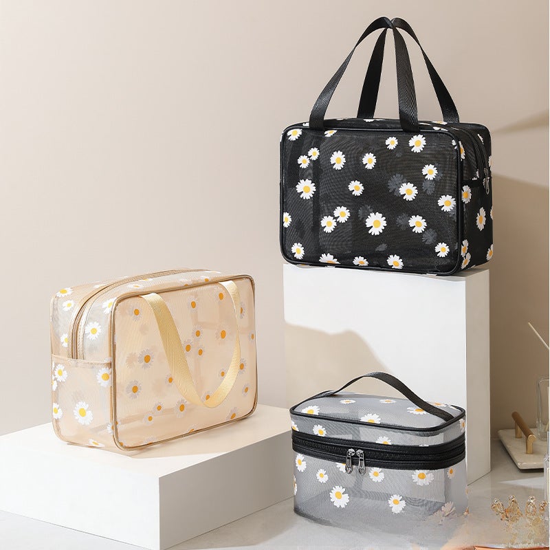 New Mesh Makeup Bag Daisy Beach Toiletry Bag Travel Women's Simple Storage Bag Outgoing Portable Handbag(yellow square) - Image 5