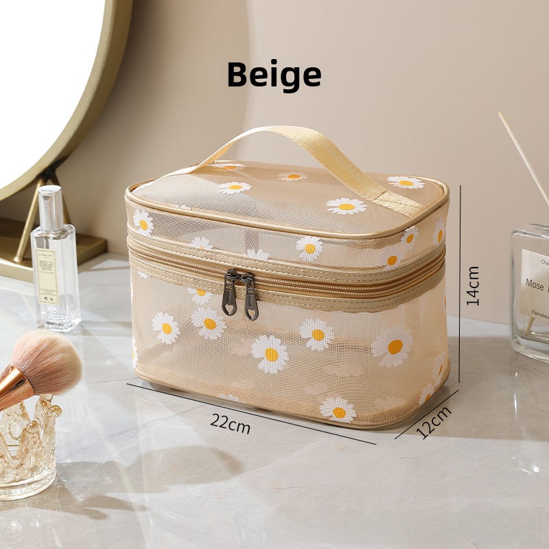 New Mesh Makeup Bag Daisy Beach Toiletry Bag Travel Women's Simple Storage Bag Outgoing Portable Handbag(yellow square) - Image 1