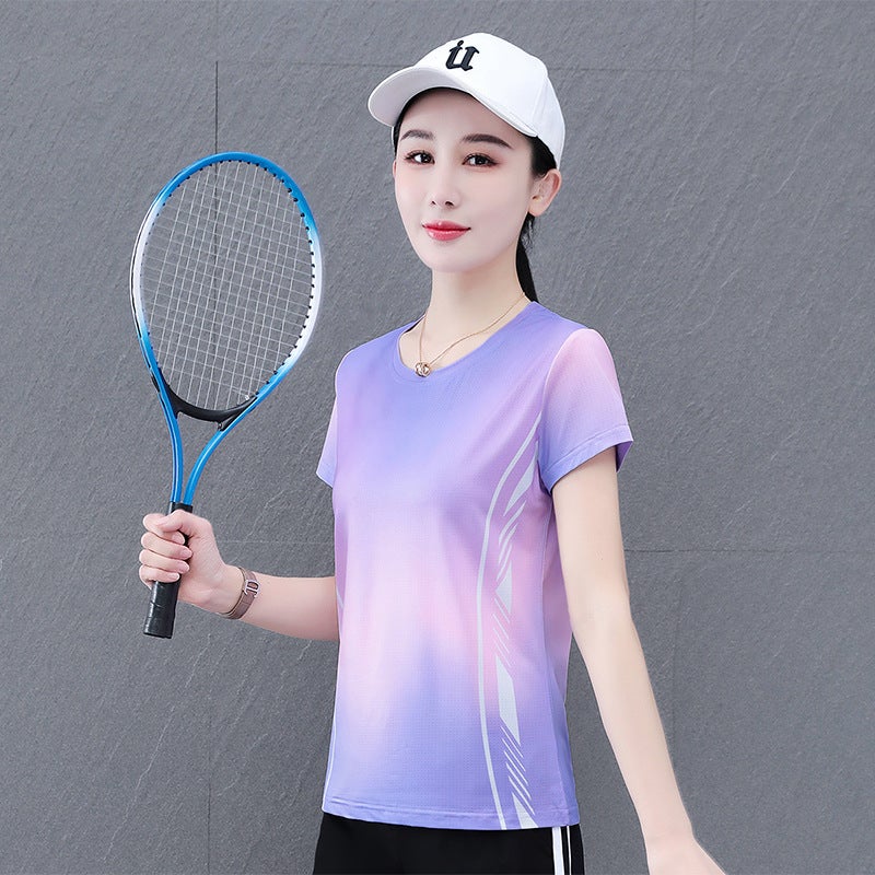 Ice Silk Elastic Quick-Drying Gradient Color-Matching Casual Short-Sleeve Round Neck T-Shirt Women'S Summer Mesh Breathable Loose T-Shirt - Image 1