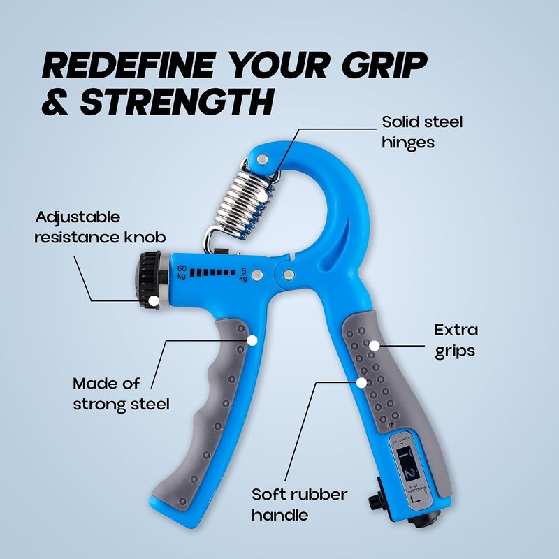 KONEX Hand Gripper with Counter (5-60 kg) Blue Anti-Slip Grip Strengthener - Image 3
