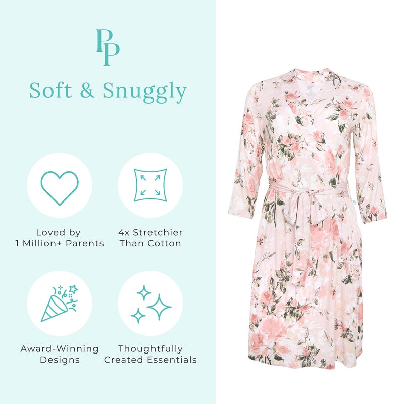Posh Peanut Mommy Robe for Maternity, Labor Delivery Soft Nursing Lounge Wear, Viscose from Bamboo (Vintage Pink Rose - Robe - Small/Medium 0-6) - Image 3