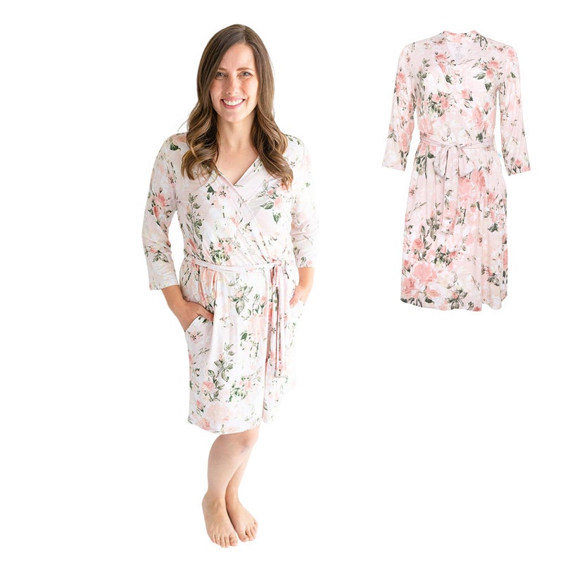 Posh Peanut Mommy Robe for Maternity, Labor Delivery Soft Nursing Lounge Wear, Viscose from Bamboo (Vintage Pink Rose - Robe - Small/Medium 0-6) - Image 1