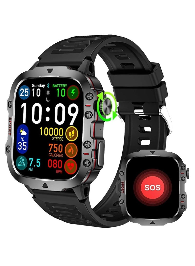 Military Smart Watches For Men, 1.96" Big Screen Rugged Smartwatch With Large 420 mAh Battery, Waterproof Outdoor Smart Watch With Heart Rater/SpO2/Sleep Monitor Tracker For Android IOS-Black - Image 1