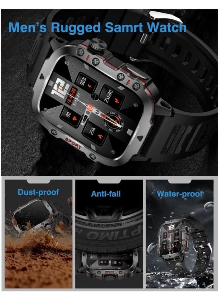 Military Smart Watches For Men, 1.96" Big Screen Rugged Smartwatch With Large 420 mAh Battery, Waterproof Outdoor Smart Watch With Heart Rater/SpO2/Sleep Monitor Tracker For Android IOS-Black - Image 2