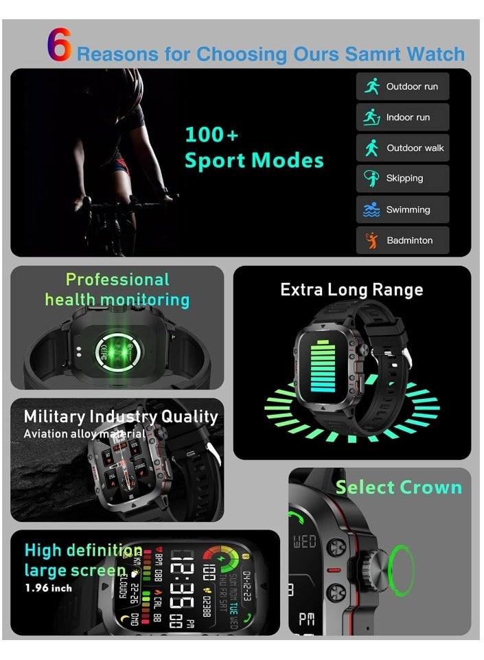 Military Smart Watches For Men, 1.96" Big Screen Rugged Smartwatch With Large 420 mAh Battery, Waterproof Outdoor Smart Watch With Heart Rater/SpO2/Sleep Monitor Tracker For Android IOS-Black - Image 3