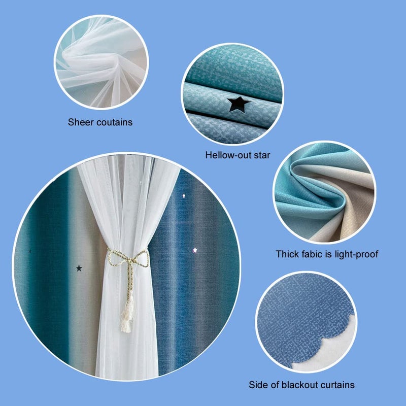 FANLI Ombre Rainbow Blackout Curtains for Kid Girls Bedroom Living Room Darking Stripe Double Layer Star Cut Out Wall Home Decor Gradient Grommet Window Curtains (Blue/Yellow, 52W x 63L) - Image 4