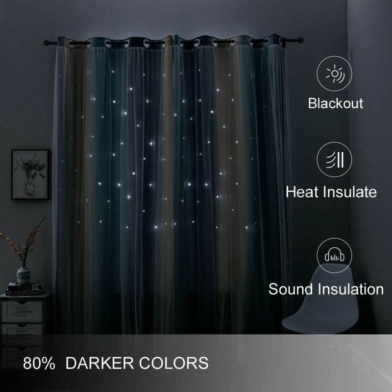 FANLI Ombre Rainbow Blackout Curtains for Kid Girls Bedroom Living Room Darking Stripe Double Layer Star Cut Out Wall Home Decor Gradient Grommet Window Curtains (Blue/Yellow, 52W x 63L) - Image 3