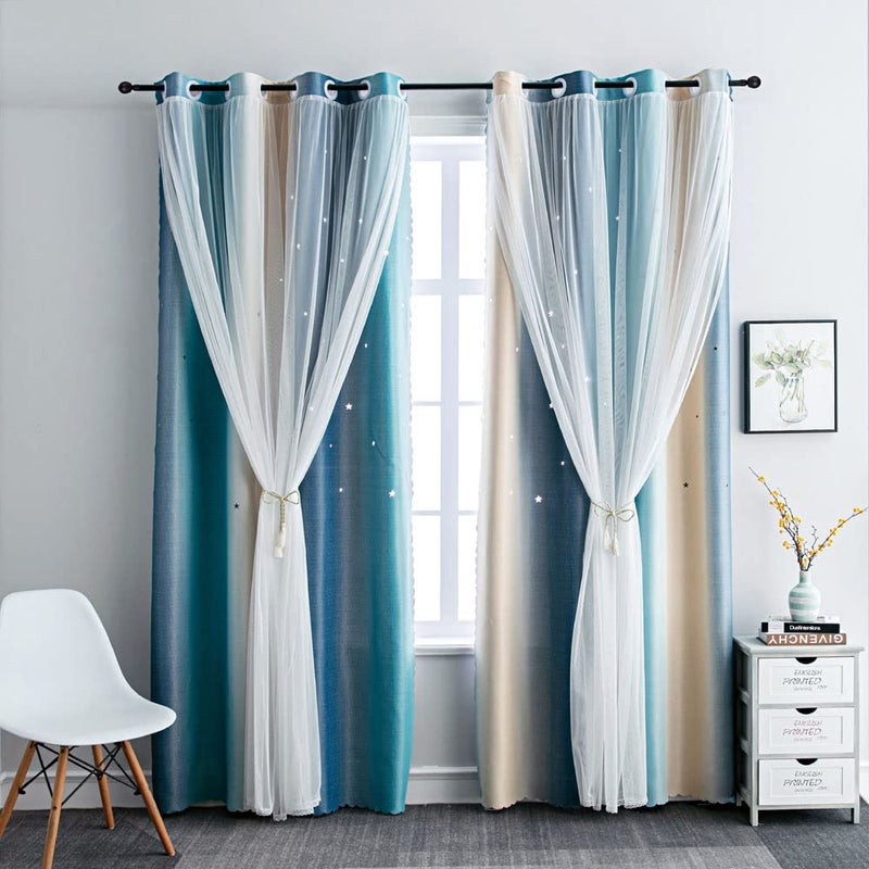 FANLI Ombre Rainbow Blackout Curtains for Kid Girls Bedroom Living Room Darking Stripe Double Layer Star Cut Out Wall Home Decor Gradient Grommet Window Curtains (Blue/Yellow, 52W x 63L) - Image 5