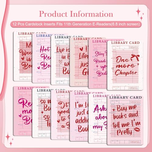 Rngmsi Insert Cardstock for Clear Case - 12 Pcs Library Card Cardstock Inserts Compatible with Kindle Paperwhite 11th-12th, 6.9"X4.8" Pink Bookish Papers for E-Reader Clear Back Cover Accessories - Image 3