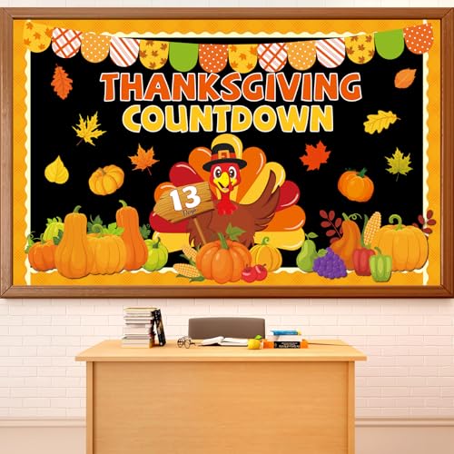 gisgfim Thanksgiving Countdown Bulletin Board Decorations Fall Thanksgiving Turkey Paper Cutouts Autumn Maple Leaf Pumpkin Classroom Bulletin Board Set for Harvest Party School Chalkboard Wall Decor Supplies - Image 1